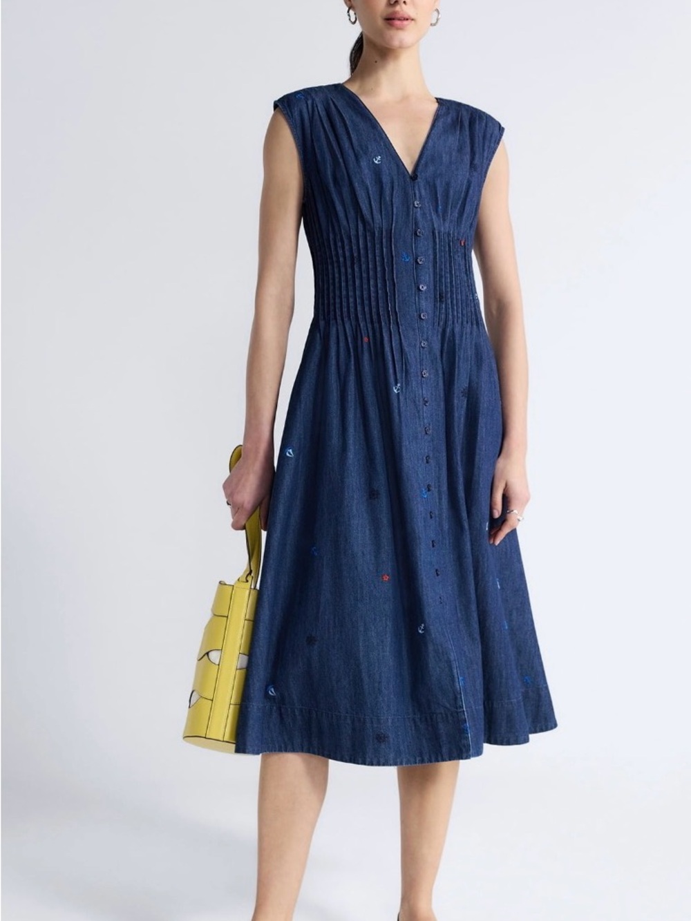 Free Assembly Women’s Sleeveless Embroidered Denim V-Neck Midi Dress